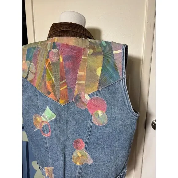 Vintage Handmade Jean Vest Jacket Patchwork Art to Wear Medium Fairy Corduroy - Picture 4 of 6